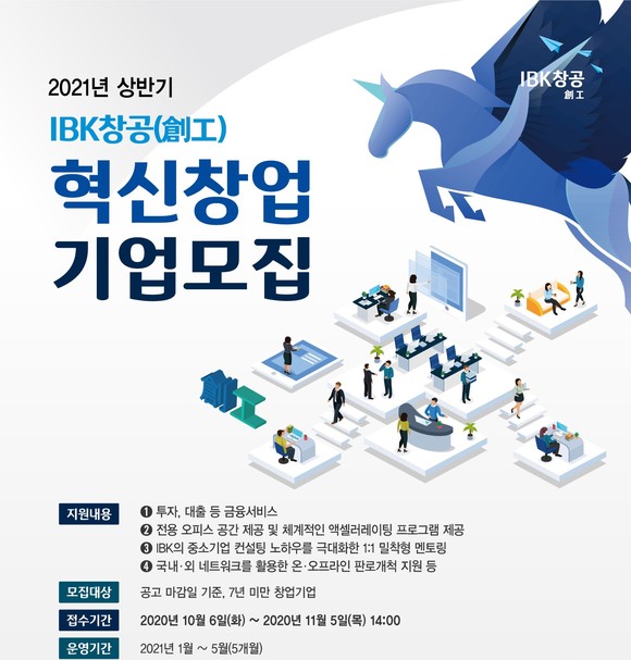 기업은행이 공유오피스 사무 공간, 1대1 전담 멘토링 등을 지원하는 상반기 혁신 창업기업 모집 포스터. ⓒ IBK기업은행