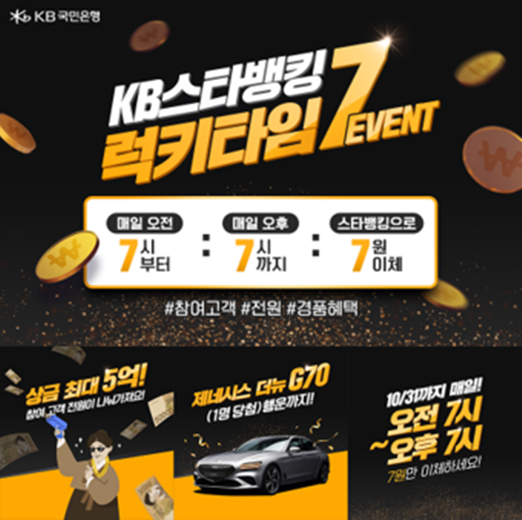 KB국민은행이 '돈 버는 습관 KB스타뱅킹 럭키타임 7' 이벤트를 이달 말까지 진행한다. ⓒ KB국민은행