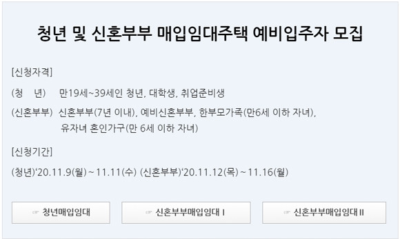 LH매입임대주택 예비입주자 모집은 청년이 11월9~11일, 신혼부부가 12~16일까지 신청을 받는다. ⓒ LH청약센터