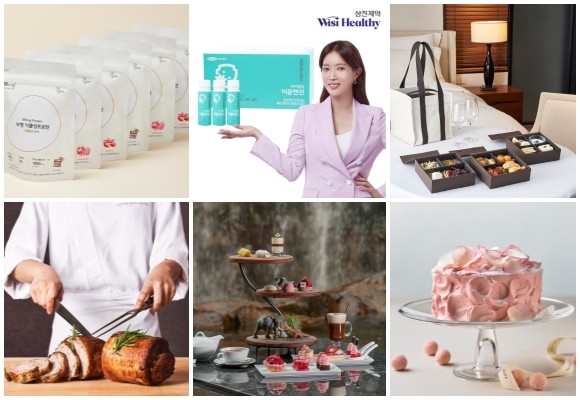 (왼쪽부터 시계방향) 보령컨슈머헬스케어 브링 식물성프로틴 그래놀라 3종, 삼진제약 바이탈업 이뮨엔진 앰플, 서울신라호텔 고메 홀리데이 패키지·터치 오브 로즈, 롯데호텔 밸런타인데이 기념 패키지 2종, 롯데호텔 서울 라세느 월드 푸드 맵 프로모션. © 각 사