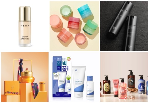 (왼쪽부터 시계방향) 아모레퍼시픽 시그니아 루미네소스 래디언스 퍼밍 세럼, 라네즈 립 슬리핑 마스크 EX 리뉴얼 출시, 아이오페 맨 파워 2X 올인원, 해피바스 테라피스파 라인, 에스트라 장벽짝꿍 세트, 후 공진향 기앤진 크림 스페셜 에디션. © 각 사