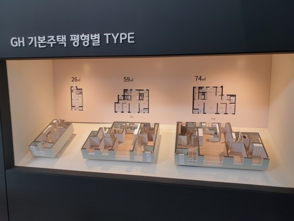 홍보관 로비에 비치된 'GH 기본주택 평형별 타입 모형'. = 선우영 기자