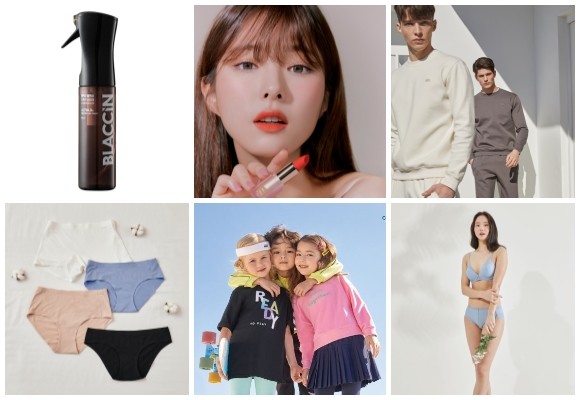 (왼쪽부터 시계방향) 홈백신 블랙신, 바닐라코 벨벳 블러드 베일 립스틱, 닥스 위크엔드 라인 출시, 애니바디 편애브라, 컬리수 여아 에슬레저룩 확대, 자주 오가닉 코튼 시리즈. © 각 사