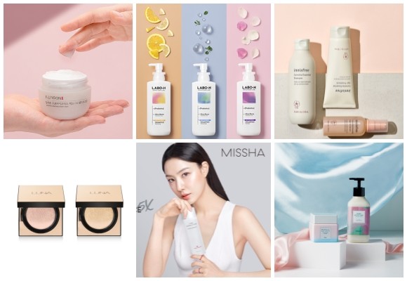 (왼쪽부터 시계방향) 일리윤 프로바이오틱스 레드니스 릴리프 크림, 라보에이치 퍼퓸 큐레이팅 에디션 샴푸 3종, 이니스프리 카멜리아 에센셜 헤어 라인 3종, LG생활건강 STRETCH your skin 에디션, 에이블씨엔씨 타임 레볼루션 더 퍼스트 에센스 5X, 애경산업 롱래스팅 컨실픽싱 쿠션. © 각 사