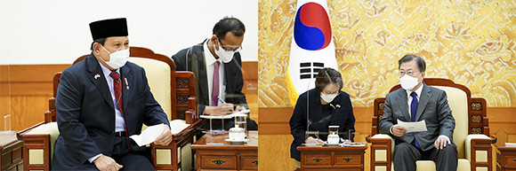 문재인 대통령은 청와대 본관에서 프라보워 인도네시아 국방장관을 접견하고, 양국의 방산 안보와 관련해 대화를 나눴다. ⓒ 청와대