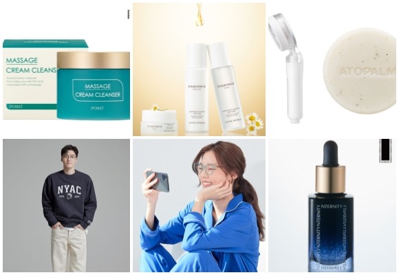 (왼쪽부터 시계방향) 포인트 마사지 크림 클렌저, 네이처리퍼블릭 캐모마일 3종, 네오팜 세이프 플러스 필터 샤워기·안심 설거지 바, 엔터니티 인텐시브 앰플, 자주 블루라이트 차단 안경, 스파오 리사이클 데님. © 각 사