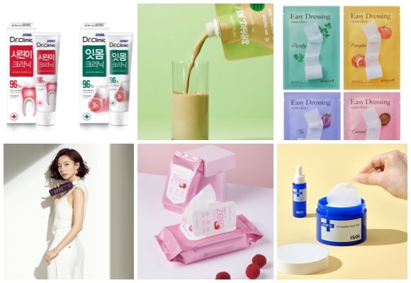 (왼쪽부터 시계방향) 2080 닥터크리닉 치약 3종, 바이탈뷰티 메타그린 쉐이크미, 스킨푸드 이지 드레싱 마스크 시트 4종, 아이소이 응급스팟패드, 바닐라코 클린 잇 제로 리치 비타 클렌징 티슈, 아떼 앤루트 클리닉. © 각 사