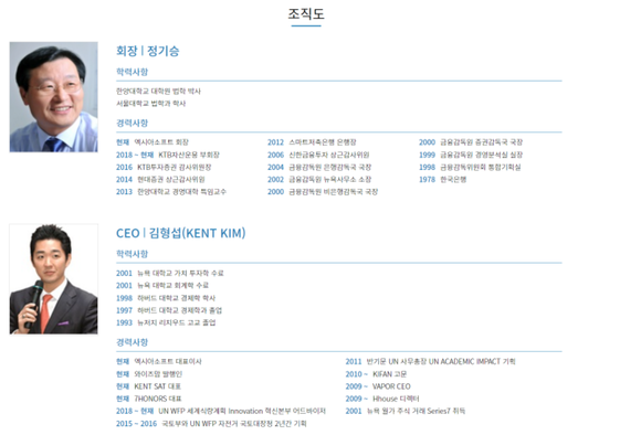 엑시아는 홈페이지 조직도에서 정기승 회장과 김형섭 대표가 자사 임원임을 밝혀왔다. ⓒ 엑시아