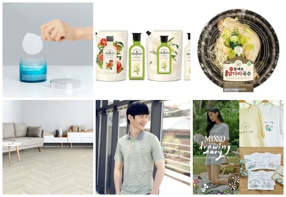 (왼쪽부터 시계방향) 아이소이 불가리안 로즈 포어 타이트닝 안티 세범 패드, 애경산업 허브마리 1848, 세븐일레븐 보양 간편식, 미쏘 드로잉메리와 컬래버레이션 상품 출시, 레드페이스 폴로 티셔츠, 현대L&C 소리지움 5.0. © 각 사