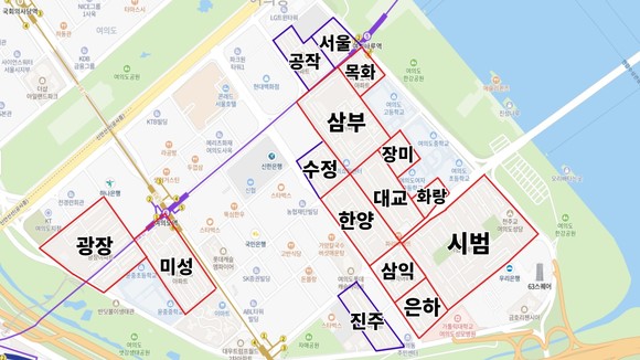 여의도 11개 아파트 지구(빨간색)와 4개 금융지구(파란색) 지도. ⓒ 네이버 지도