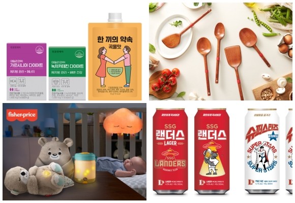 (왼쪽부터 시계방향) 천호엔케어 여름 맞이 다이어트 건강기능식품 2종·식사대용 쉐이크, 테팔 인지니오 옻칠 나무 조리도구 5종, 이마트24 SSG랜더스 모티브 수제맥주, 피셔프라이스 릴리프 수달 수면인형. © 각 사