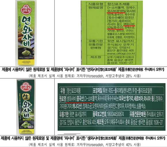 식품의약품안전처는 오뚜기 외 9개 업체가 겨자무를 사용한 제품을 와사비를 사용한 것처럼 표시, 이들의 위법 행위를 적발했다고 지난 11일 밝혔다. 식약처가 밝힌 오뚜기 위반 내용 갈무리. ⓒ 프라임경제