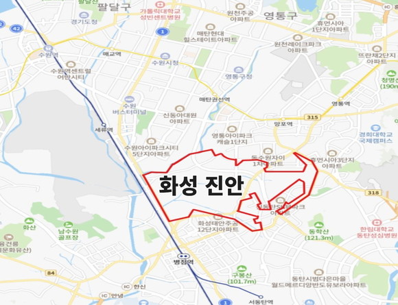 화성 진안지역은 지하철 1호선 병점역을 제외하고는 상대적으로 열악한 교통 인프라를 갖고 있다. ⓒ 네이버 지도