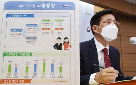 정동명 통계청 사회통계국장이 13일 오전 세종시 정부세종청사에서 '2021년 9월 고용동향'을 브리핑했다. ⓒ 연합뉴스