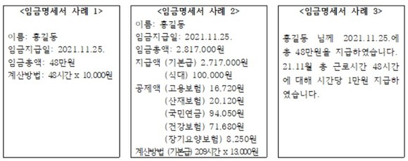 휴대전화 문자를 활용한 전자적 형태의 임금명세서 작성 예시 ⓒ 고용노동부