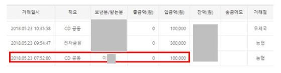2018년 이정선 후보 펀드계좌에 제보자 A씨 거래내역에 나온 동일시간 입금내역. ⓒ 광주시교육감후보 이정선 선거대책위원회