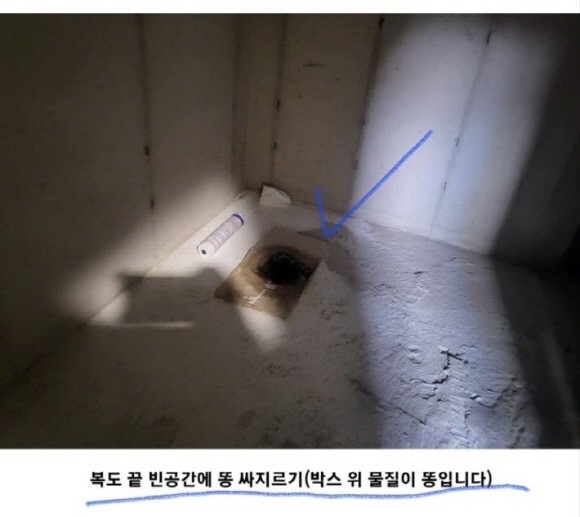 부산 남천 더샵프레시티지 사전 점검 당일 복도 한쪽에는 방치된 인분으로 추정되는 오물. © 온라인 커뮤니티 캡처