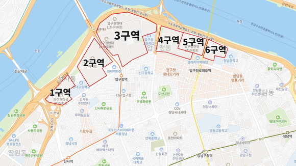 재건축을 추진하고 있는 압구정 6개 구역. ⓒ 네이버지도