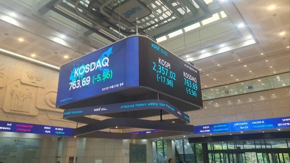 23일 서율 영등포구 여의도 한국거래소 전광판에 코스피 지수가 전장 대비 17.98p(-0.76%) 하락한 2357.02를 나타내고 있다. = 박기훈 기자