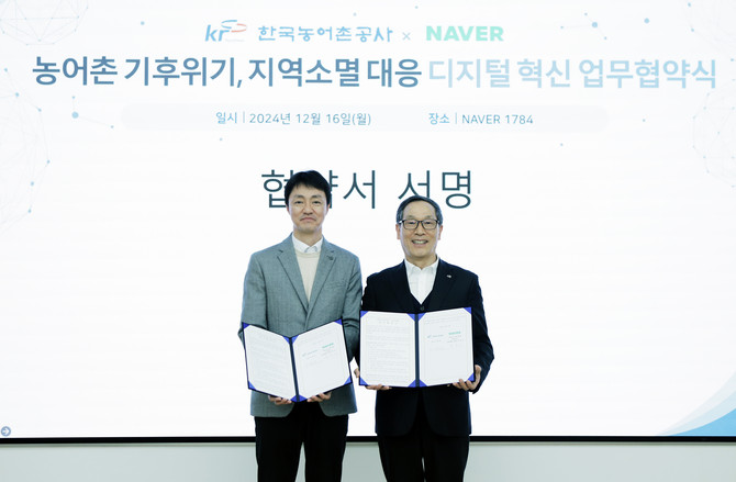 네이버(035420)와 한국농어촌공사가 농·어촌 지역의 기후위기 및 지역소멸 대응을 위해 다양한 IT 기술을 도입하기로 했다고 17일 밝혔다. ⓒ 네이버