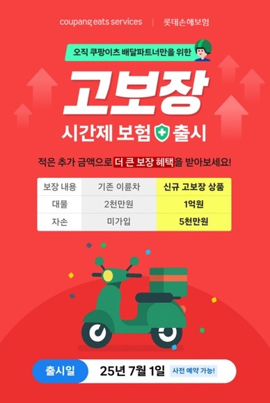 롯데손해보험은 쿠팡이츠서비스와 함께 배달파트너를 위한 고보장 시간제 보험 'let:click 배달플랫폼 자동차보험'을 출시했다고 11일 밝혔다. ⓒ 롯데손해보험