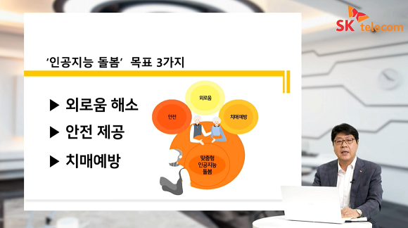 이준호 SK텔레콤 SV추진그룹장이 SK텔레콤의 인공지능 돌봄 서비스 목표에 대해 말하고 있어요. ⓒ 유튜브 영상 캡처