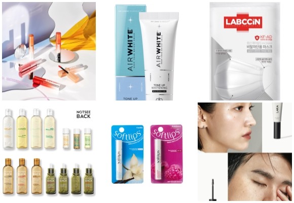 (왼쪽부터 시계방향) 미샤 데어틴트 미러슬릭, 에어화이트 트리플 톤업 화이트닝겔, 랩신 에어쉴드 KF-AD 비말차단용 마스크, 라카 와일드 브로우 셰이퍼, 소프트립스 립밤 2종, 코씨드바이오팜 낫씨백 론칭. © 각 사