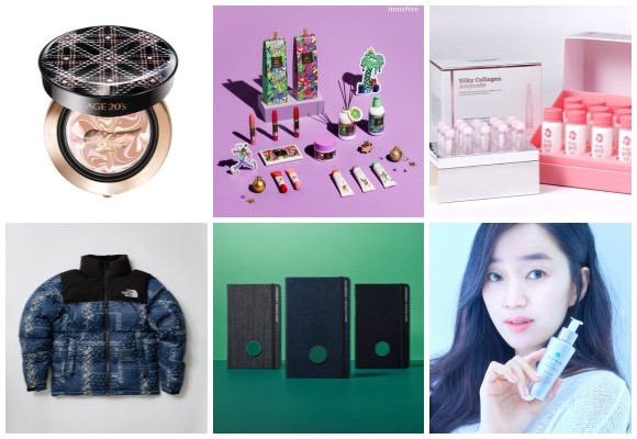 (왼쪽부터 시계방향) 애경산업 AGE 20's 에센스 커버 팩트 HQ, 이니스프리 2020 그린 홀리데이 기프트 에디션, 롯데마트 해빗 앰플 기획세트, 리쥬란 힐러 턴오버 앰플 대용량, 아르마니 익스체인지 친환경 컬렉션 출시, 롯데백화점 노벨티 눕시 숏패딩 재출시. © 각 사