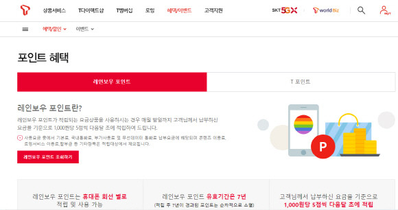 SK텔레콤은 통신 마일리지를 레인보우 포인트로 돌려줘요. 사이트 화면이에요. ⓒ SK텔레콤 홈페이지 화면캡쳐