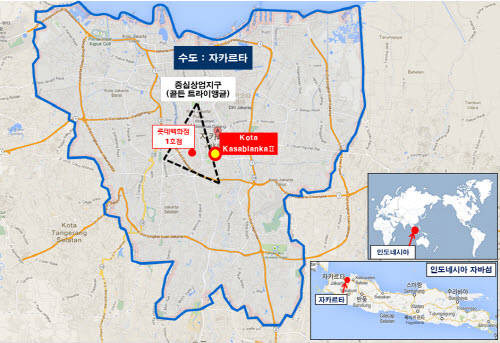 인도네시아 수도 자카르타 중심 상업지구인 골든 트라이앵글에 자리한 코타 카사블랑카 2단계 공사 위치도. ⓒ 롯데건설