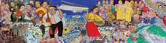 가로 10.5m, 세로 2.5m 크기의 대형 걸게 그림 '세월오월'. 논란이 되는 장면은 박근혜 대통령을 박정희 전 대통령과 김기춘 청와대 비서실장의 조종을 받는 허수아비로 묘사한 부분이다. ⓒ 뉴스1