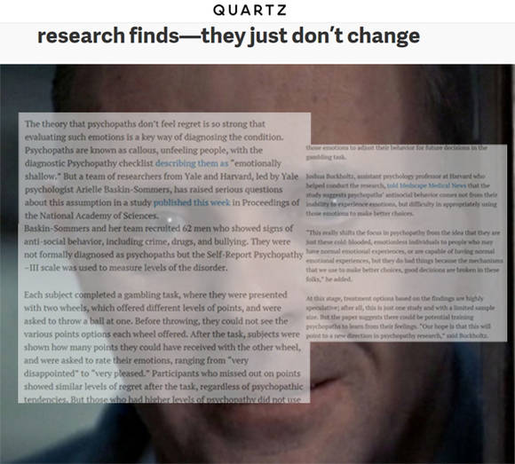 쿼츠(Quartz)가 8일(현지시간) 게재한 '사이코패스는 반성을 모른다' 기사 갈무리 ⓒ쿼츠 온라인판