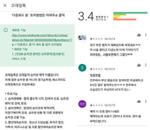 플레이스토어의 코레일톡4.0 업데이트 후 오류사항 공지(왼쪽)과 사용자들의 평가(오른쪽). 오류가 많다는 의견이 대다수다. ⓒ 프라임경제