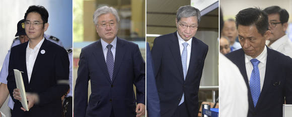 이재용 삼성전자 부회장(왼쪽부터)과 박상진 전 삼성전자 사장, 장충기 전 삼성그룹 미래전략실 차장, 황성수 전 삼성전자 전무가 3일 오전 서울 서초구 서울중앙지방법원에서 열린 '최순실 뇌물' 관련 51회 공판에 출석하는 모습. ⓒ 뉴스1
