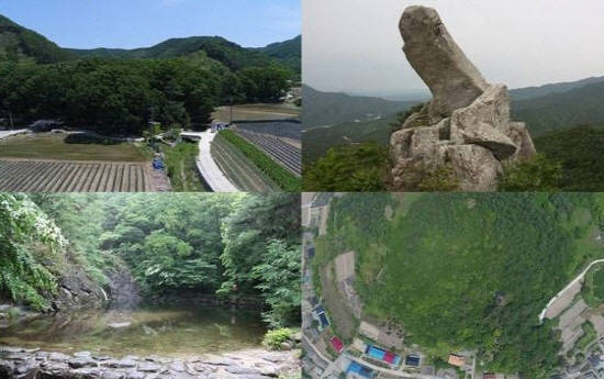 새로 만들어진 국가산림문화자산 4곳이예요. 왼쪽 위 사진은 진안 하초 마을 숲, 왼쪽 아래 사진은 신안 대리 당숲, 오른쪽 위 사진은 장수군 할미봉 대포바위, 오른쪽 아래 사진은 담양 용소 모습이예요. ⓒ 산림청