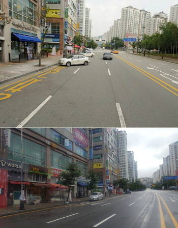 노상주차장 조성 전 후 달라진 동백파출소 사거리.(사진 위는 공사전, 아래는 공사후) ⓒ 용인시