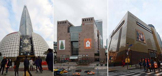 인테리어 시공업체 작업자들은 백화점 공사 중 '물 한잔도 마실 수 없다'며 백화점의 불합리한 내부규정이 수정돼야 한다고 지적했다. 사진은 왼쪽부터 롯데백화점, 신세계백화점, 현대백화점. ⓒ 프라임경제