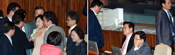 추미애 더불어민주당 대표가 21일 오후 서울 여의도 국회 본회의에서 김명수 대법원장 후보자에 대한 임명동의안 통과 후 동료의원을 끌어안으며 얼싸안고 있다. 같은 순간 본회의장의 정우택 자유한국당 원내대표와 김광림 정책의 의장이 씁쓸한 표정으로 앉아 있다. 이날 김명수 대법원장 후보자에 대한 임명동의안은 298명 출석에 찬석 160명, 반대 134명, 기권 1명, 무효 3명으로 가결됐다. ⓒ 뉴스1