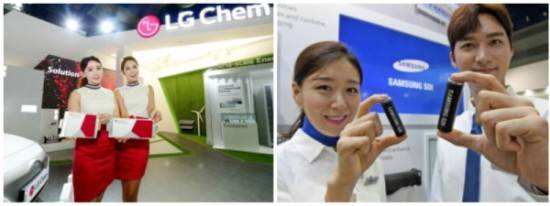 27일 인터배터리 전시회장에서 모델들이 LG화학과 삼성SDI의 제품을 홍보하고 있다. ⓒ LG화학·삼성SDI