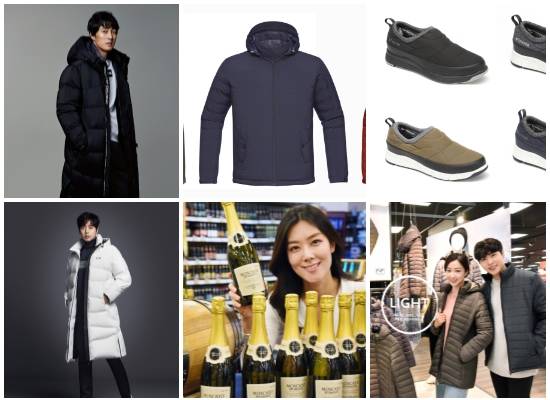 (왼쪽부터 시계방향) 노스페이스 롱 다운 재킷, 레드페이스 자체 발열 패딩 재킷, 컬럼비아 스핀릴 슬립온, 홈플러스 겨울 경량 패딩·빈야드 시리즈, 센터폴 CPX 벤치다운. ⓒ 각사