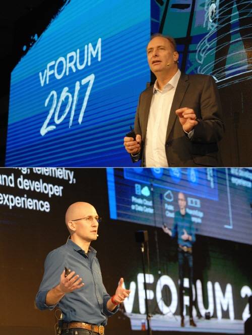 기조연설 하고 있는 던컨 휴엣(Duncan Hewett) VMware 아시아 태평양 지역 총괄 사장(위)과 로만 타납스키(Roman Tarnavski) VMware 아시아 태평양 지역 수석(아래). ⓒ VMware Korea