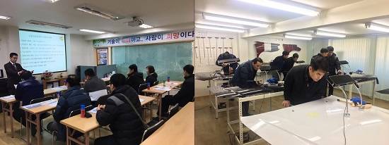 카앤덴트에서 열린 제대군인 생생 창업탐방 행사에 참여한 제대군인 및 전역예정자들은 이론교육을 들은 뒤 자동차 기능장의 코치 아래 덴트(자동차 외형복원)실습을 했다. = 박지혜 기자