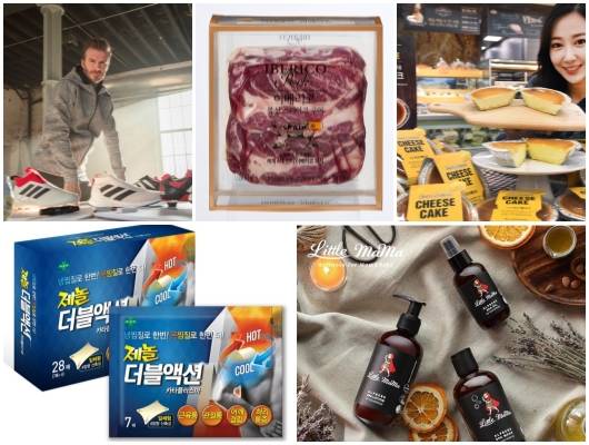 (왼쪽부터 시계방향) 아디다스 데이비드 베컴 캡슐 컬렉션, 롯데마트 이베리코 판매, 홈플러스 구운 치즈케이크, 유한양행 알프베베 3종, 녹십자 제놀 더블액션 카타플라스마, 위메프 할인지도. ⓒ 각사
