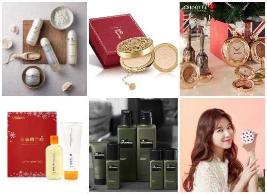 (왼쪽부터 시계방향) LG생활건강 라니힐·후 공진향:미 궁중 팩트 스페셜 에디션, 라비오뜨 모멘트크 라인, 에이블씨엔씨 찰스장 해피 홀리데이 에디션, 시세이도 프로페셔널 더 그루밍, 유사나 크리스마스 에디션 바디 선물세트. ⓒ 각 사