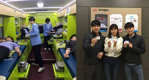 새해 헌혈캠페인에 참여한 한미약품 임직원(왼쪽)과 헌혈 후 현혈증서를 들고 있는 직원들. ⓒ 한미약품