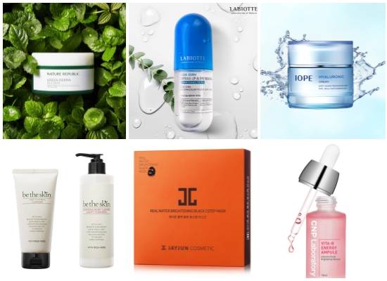 (왼쪽부터 시계방향) 네이처리퍼블릭 그린더마 마일드 크림, 라비오뜨 코드덤 캡슐 립앤아이 리무버, 아이오페 히아루로닉 크림, LG생활건강 CNP 비타-B 에너지 앰플, 제이준코스메틱 블랙 물광 원스텝 마스크, 비더스킨 이지 포밍 클렌저·밸런싱 시크리트 클렌저. ⓒ 각 사
