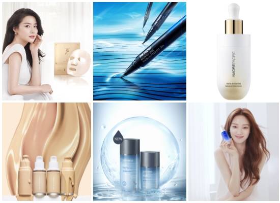 (왼쪽부터 시계방향) LG생활건강 후 비첩 3-STEP 마스크, 더페이스샵 잉크프루프 브러쉬펜 라이너, 아모레퍼시픽 유스 레볼루션 콜렉션, 라네즈 워터뱅크 에센스 리뉴얼 출시, 프리메라 맨 워터리 플루이드, 네이처리퍼블릭 프로방스 에어 스킨 핏 원데이 래스팅 파운데이션. ⓒ 각 사