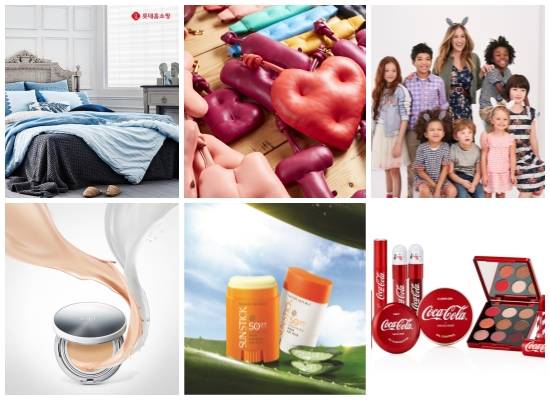 (왼쪽부터 시계방향) 롯데홈쇼핑 'LBL 메종' 론칭, 신세계인터내셔날 쳐비 컬렉션·사라 제시카 파커 협업 한정판 컬렉션, 더페이스샵 X 코카콜라 콜라보레이션, 네이처리퍼블릭 '캘리포니아 알로에 선스틱' 2종, 아이오페 화이트젠 에센스 쿠션. ⓒ 각 사