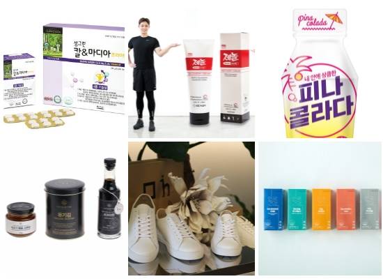 (왼쪽부터 시계방향)생그린 칼·마디아 프리미엄, GC녹십자 제놀 파워풀엑스 리커버리크림, 현대약품 내 안에 상큼한 피나콜라다, 안국건강 안심 비타민 6종, LF 헤지스·데이트 콜라보레이션, 갤러리아백화점 '고메이494 PB' 신제품. ⓒ 각 사