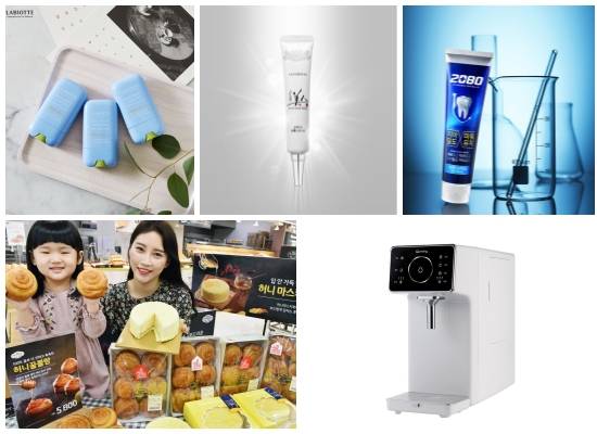 (왼쪽부터 시계방향) 라비오뜨 블루 세이프티 선스틱, 생그린 순백미인 설 스팟 크림, 애경 '파워쉴드 치약' 3종, 현대렌탈케어 직수형 정수기 신제품 2종, 홈플러스 허니마스카포네고구마 케이크·허니꿀블랑. ⓒ 각 사